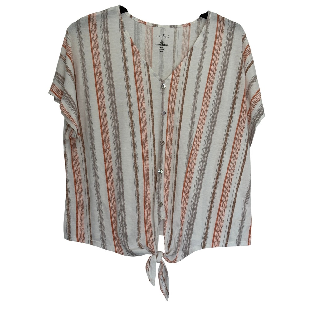 Just Be... Womens Orange Brown Striped V-Neck Tie Front Button Up Top Large